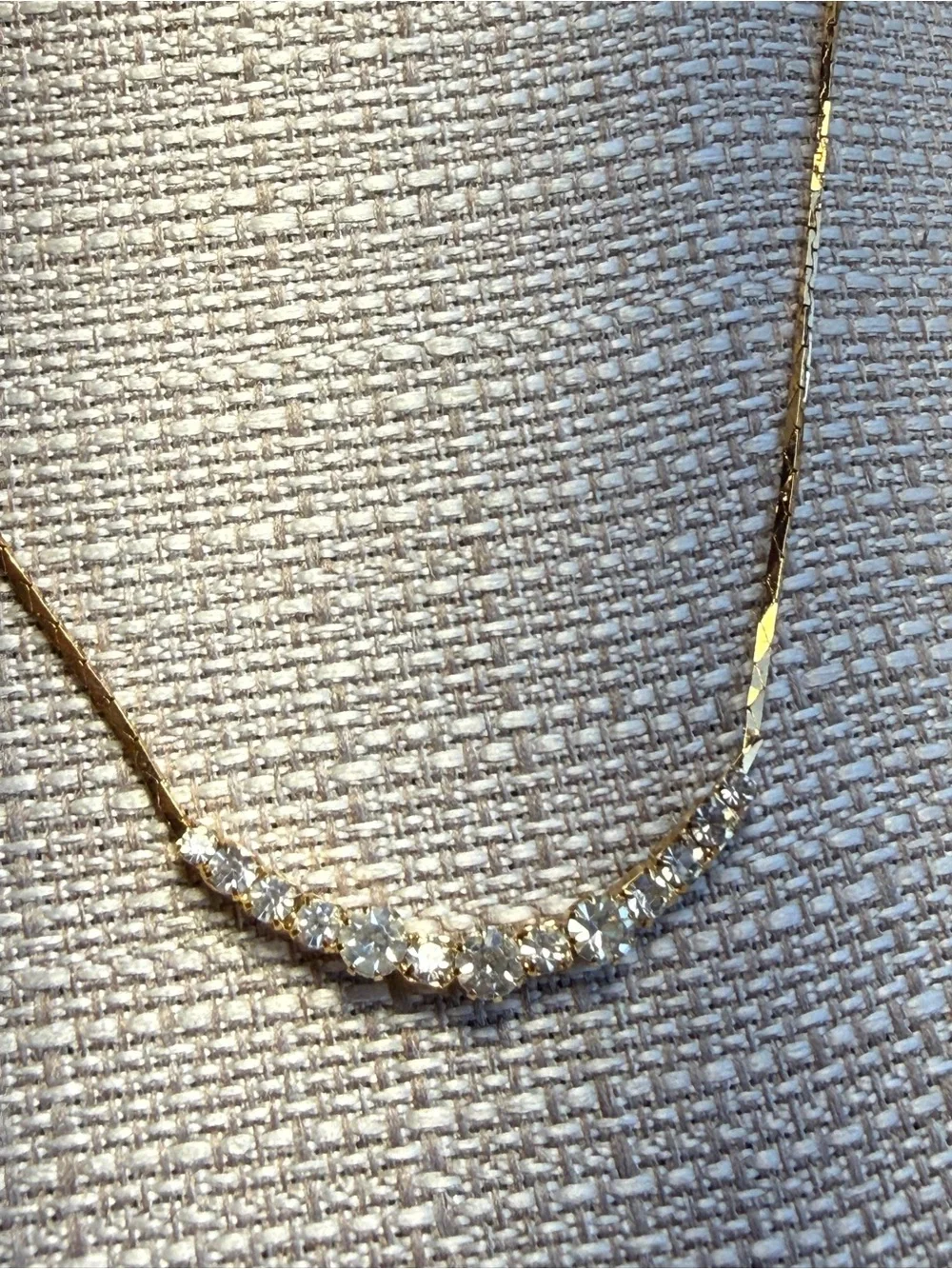 Gold Crystal Necklace curved bar- gold sparkling graduated‎ stones 16.5” CZ’s CZ